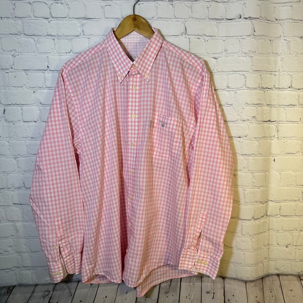 Barbour Mens Pink Gingham Check Button Down Long Sleeve Shirt Chest Pocket